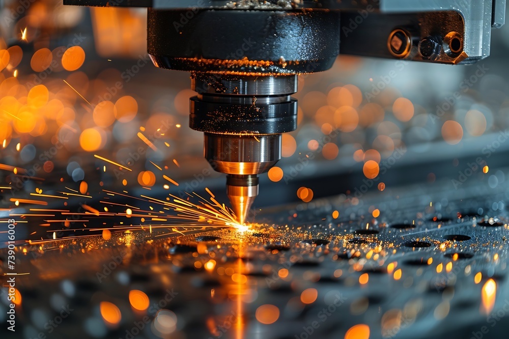 Poster Generative AI : Macro CNC laser machine cutting sheet metal with light spark.