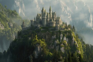 A fairy-tale inspired castle nestled atop a hill surrounded by a dense forest - obrazy, fototapety, plakaty