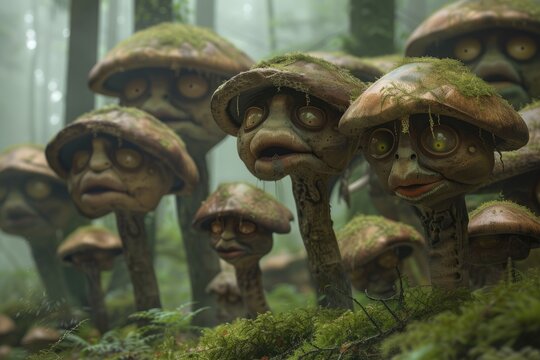 A forest of giant mushrooms with faces on the stems.