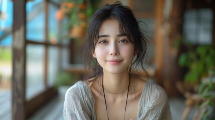 Generative AI : beautiful and charming Asian woman doing picnic outdoor
