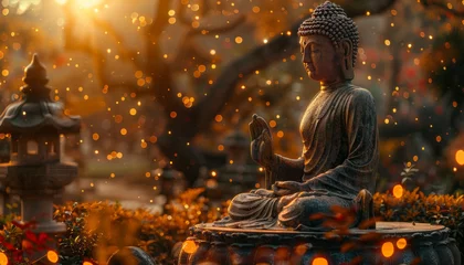 Zelfklevend Fotobehang buddha statue in peaceful environment with sparkling lights,generative ai © JKLoma