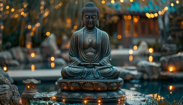 buddha statue in peaceful environment with sparkling lights,generative ai