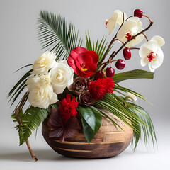 Ikebana Japanese art flower arrangement, tropical flowers, Generative Ai