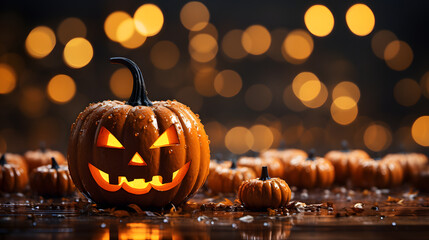 Halloween Jack o Lantern Pumpkin with a spooky face. - obrazy, fototapety, plakaty