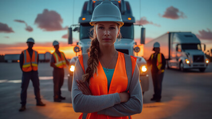Trailblazing female truck driver with logistics team at dawn, highlighting teamwork, unity, and the evolving face of transportation industries