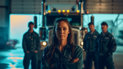 dedicated female truck driver commands the road with her logistics team, embodying the spirit of teamwork and transportation industry excellence