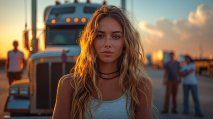 Obraz premium Teamwork in motion: a female truck driver and her logistics crew shine at dusk, setting new standards in the transportation logistics industry.