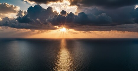 A tranquil sunset over a vast ocean, sea. Generative AI.