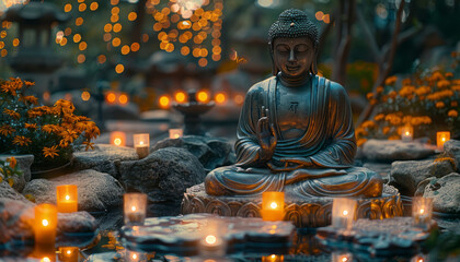 buddha statue in peaceful environment with sparkling lights,generative ai - obrazy, fototapety, plakaty