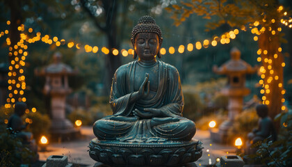 buddha statue in peaceful environment with sparkling lights,generative ai
