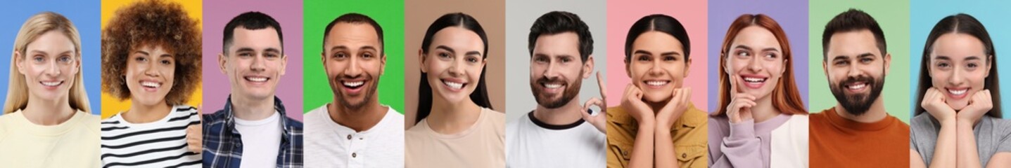 Fototapeta na wymiar People with showing white teeth on different color backgrounds, collage of photos