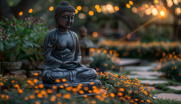 buddha statue in peaceful environment with sparkling lights,generative ai