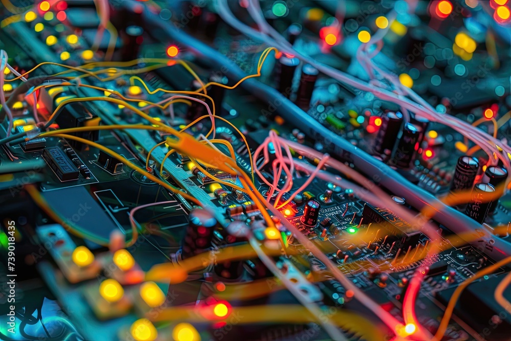 Poster a close-up of electronic circuits and wires, representing a technological maze