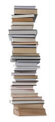 High stack of many different books isolated on white
