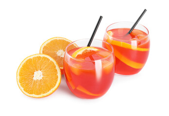 Aperol spritz cocktail, straws and orange slices in glasses isolated on white