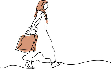 Hijab Woman Walking and Carrying Shopping Bag Continuous Single Line Art