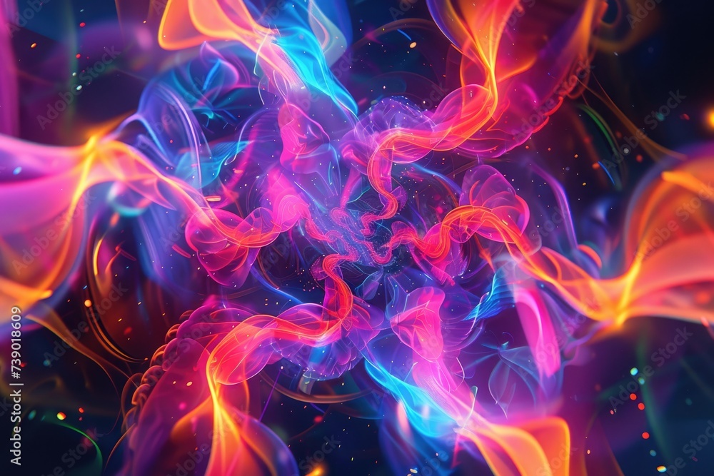 Aufkleber a digital background filled with swirling, kaleidoscope-like patterns featuring vibrant neon colors.