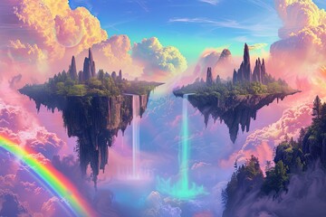 A fantasy landscape with floating islands and rainbow waterfalls