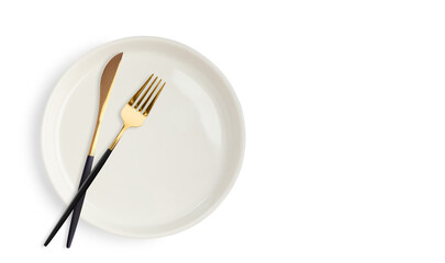 Clean plate, fork and knife on white background, top view