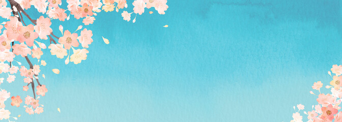 桜 青空　背景 フレーム　水彩 イラスト