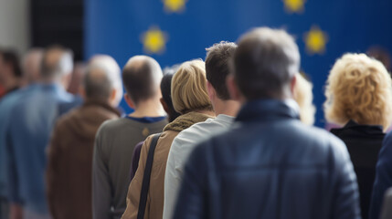 Diverse group of individuals facing a European Union flag, representing concepts of unity, european elections politics, or a European event, with space for text; suitable for backgrounds