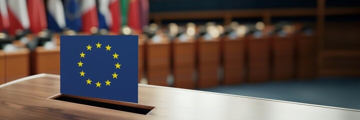 European Union flag on a lectern in a blurred conference room with international flags, symbolizing EU political, educational, or business event, with copy space for text - obrazy, fototapety, plakaty