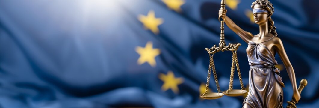 Bronze Lady Justice statue with scales against a blurred European Union flag background, symbolizing law, justice, and legality in the EU, with copy space for legal concepts