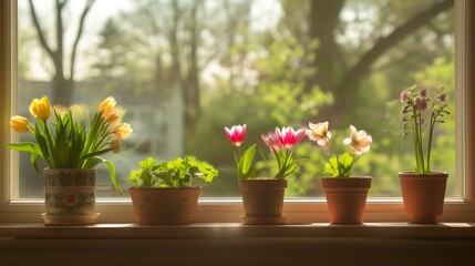 Obraz na płótnie Canvas Assorted potted flowers on a sunlit windowsill with a soft-focused green outdoor background, ideal for springtime themes or natural home decor advertising