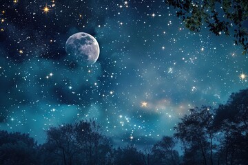A dark night sky filled with countless stars and a bright moon.