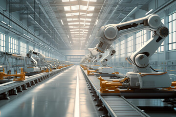 Industrial robots in modern factories assemble components on production line conveyors