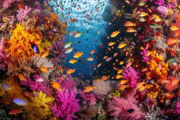 A dense, beautiful coral reef filled with myriad marine species
