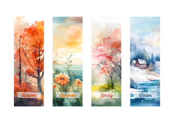 Cute bookmark of watercolor seasons - obrazy, fototapety, plakaty
