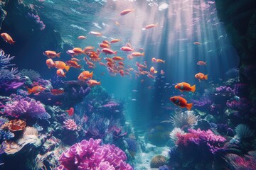A deep ocean shot of a vibrant coral reef and tropical fish.