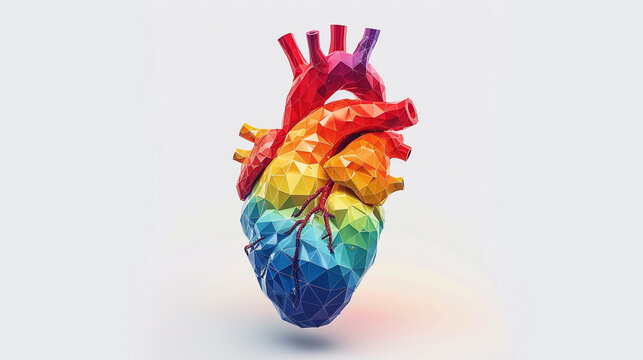 Human heart with a rainbow flag. 3d render of a colorful organ with a symbol of diversity and pride. Low poly style design. White background. Vector.