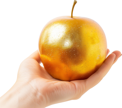 A hand holding a golden apple, isolated image, AI generated photo