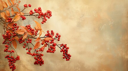 Autumn Elegance: Red Berries and Textured Foliage on Vintage Background