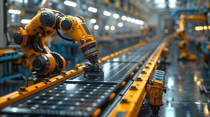 Solar panel placed on conveyor belt, operated by automatized robot arm, moving around facility,generative ai