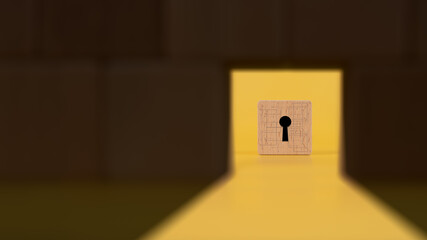 Lock symbol, secret identity ,Information security, Master key symbol , Wooden blocks placed on yellow background, Copy space