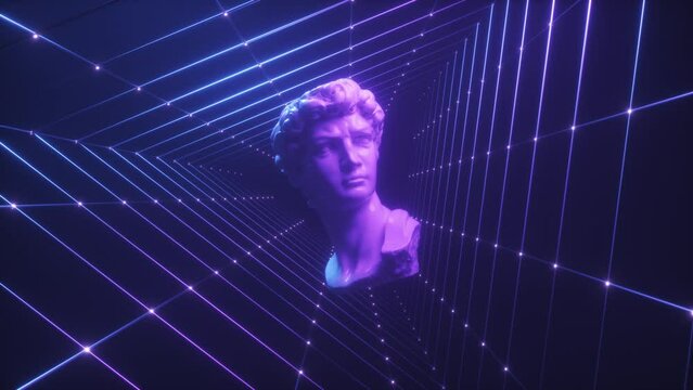 Floating David Sculpture with Grid SynthWave Background Loop