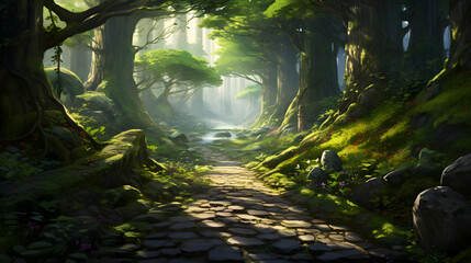 Serene Journey: Sun-dappled Forest Path Beckoning Nature Lovers into its Peaceful Embrace