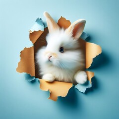 Bunny peeking out of a hole in a blue wall, fluffy eared bunny easter bunny banner, rabbit jump out torn hole, easter social media cute poster created with Generative Ai
