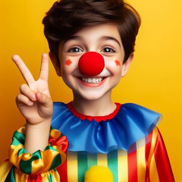 Child clown smile shows a finger copy space area on a yellow background. Funny little clown with a red nose. Concept birthday, day 1 April, party. Beautiful portrait kid jester in studio generative ai