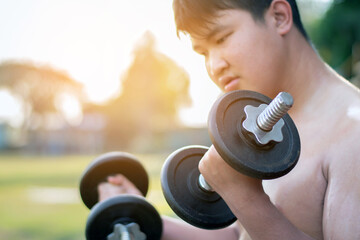 Young asian plump boy doing exercise with lifting heavy dumbbells in outdoor park in the sunset time of the day, sunlight edited. - obrazy, fototapety, plakaty