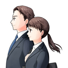 スーツ姿の若い男女　横向き上半身　白背景