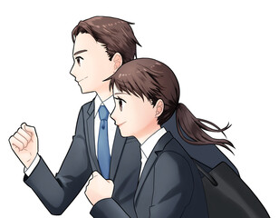 走るスーツ姿の若い男女　横向き上半身　白背景