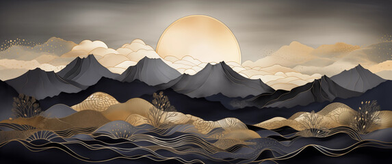 dream background with full moon over mountains, japanese drawing, glowing light in sky, clouds, golden lines waves, yellow black grey soft, imaginary magic dreamlike fantasy, fairy tale landscape - obrazy, fototapety, plakaty