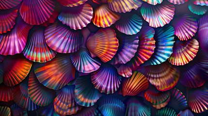 iridescent shellfish background colorful pattern wallpaper blue purple orange pink vivid bold texture nature shiny sparkling neon glossy design illustration holographic foil light dark contrast shell 