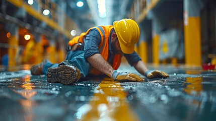 A construction worker experiencing a slip-and-fall accident on a floor at a construction site,generative ai - obrazy, fototapety, plakaty