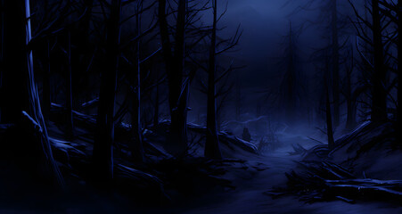 a dark snowy path through the woods at night