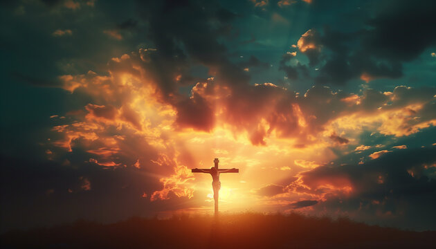 Image of the Crucifixion in Holy Week. Silhouette of Christ on the cross during sunset, on Good Friday	
